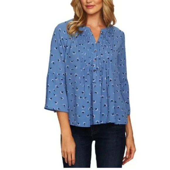 CeCe - Scattered Ditsy Pintuck Blouse 3/4 Bell Sleeve | Small; Sapphire Ice Blue - Picture 1 of 8